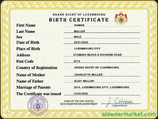 Luxembourg vital record birth certificate PSD template